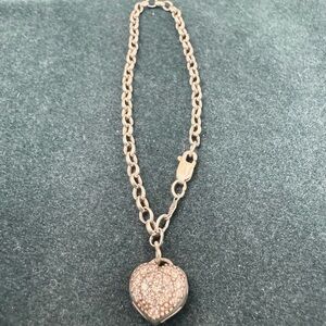 Vintage Sterling Silver CZ Pave Heart Charm Rolo Link Bracelet